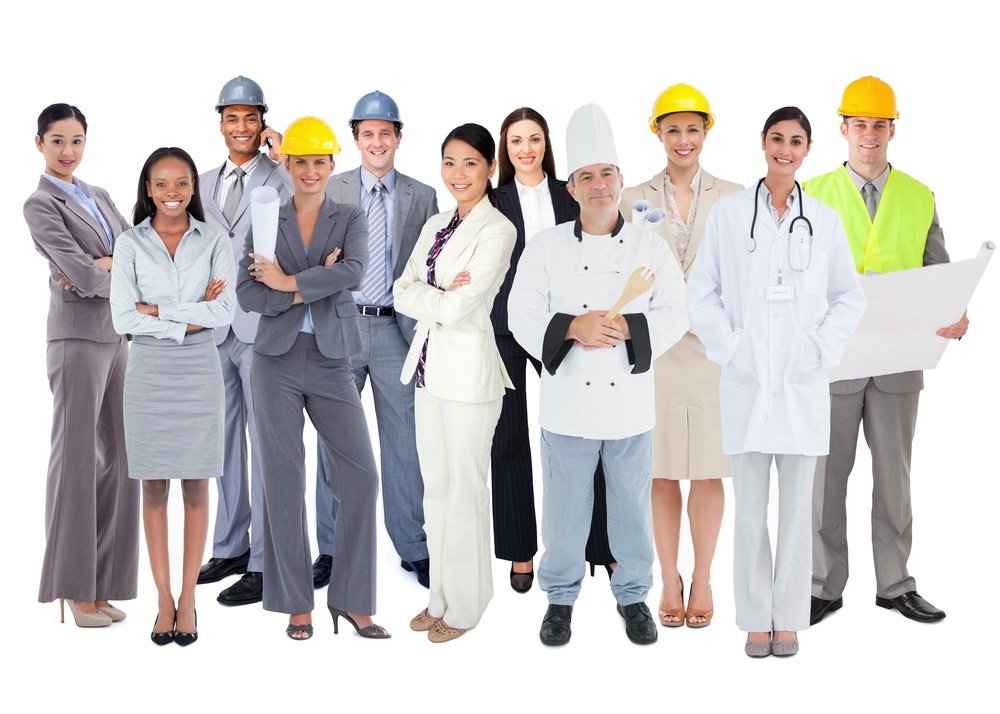 Diverse group of workers standing against white background